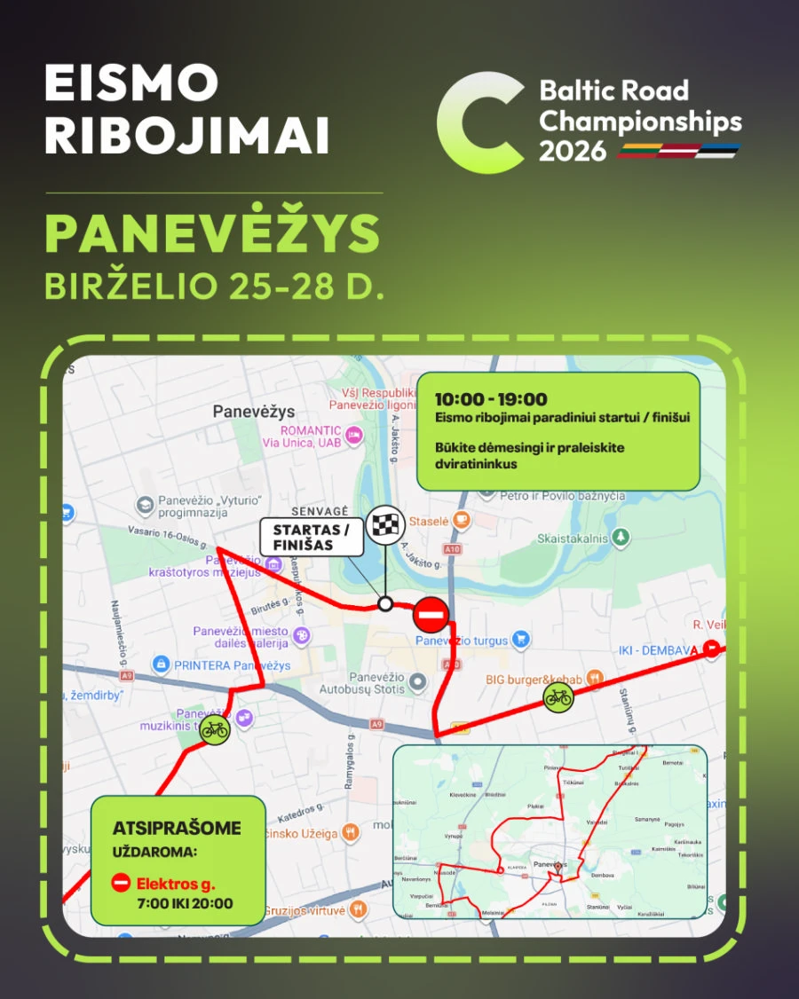 Šią savaitę Panevėžyje – Baltijos šalių dviračių čempionatas: numatomi laikini eismo ribojimai